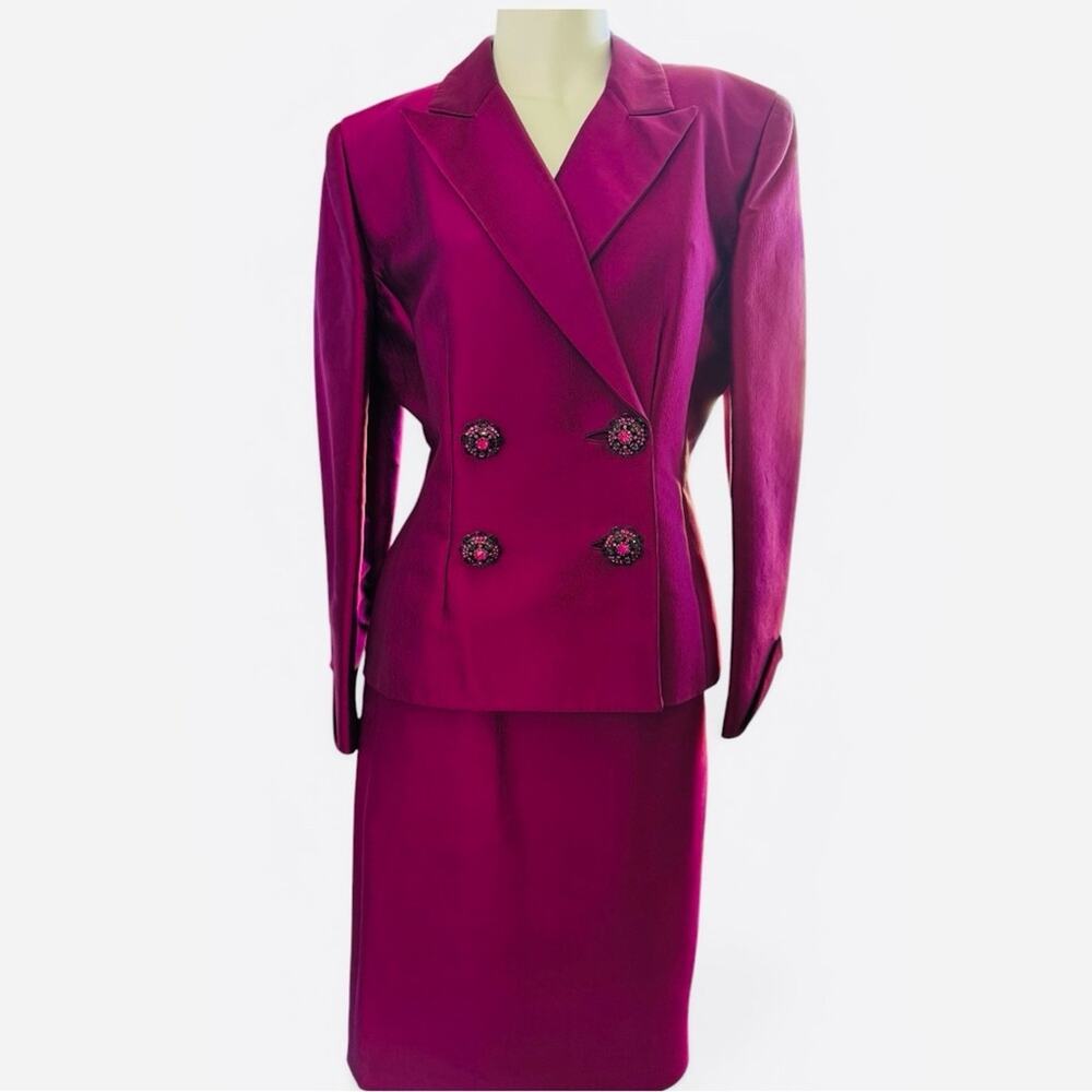 Badgley Mischka Fuchsia Skirt Suit Set Crystal Button Blazer Pencil Skirt Sz 10